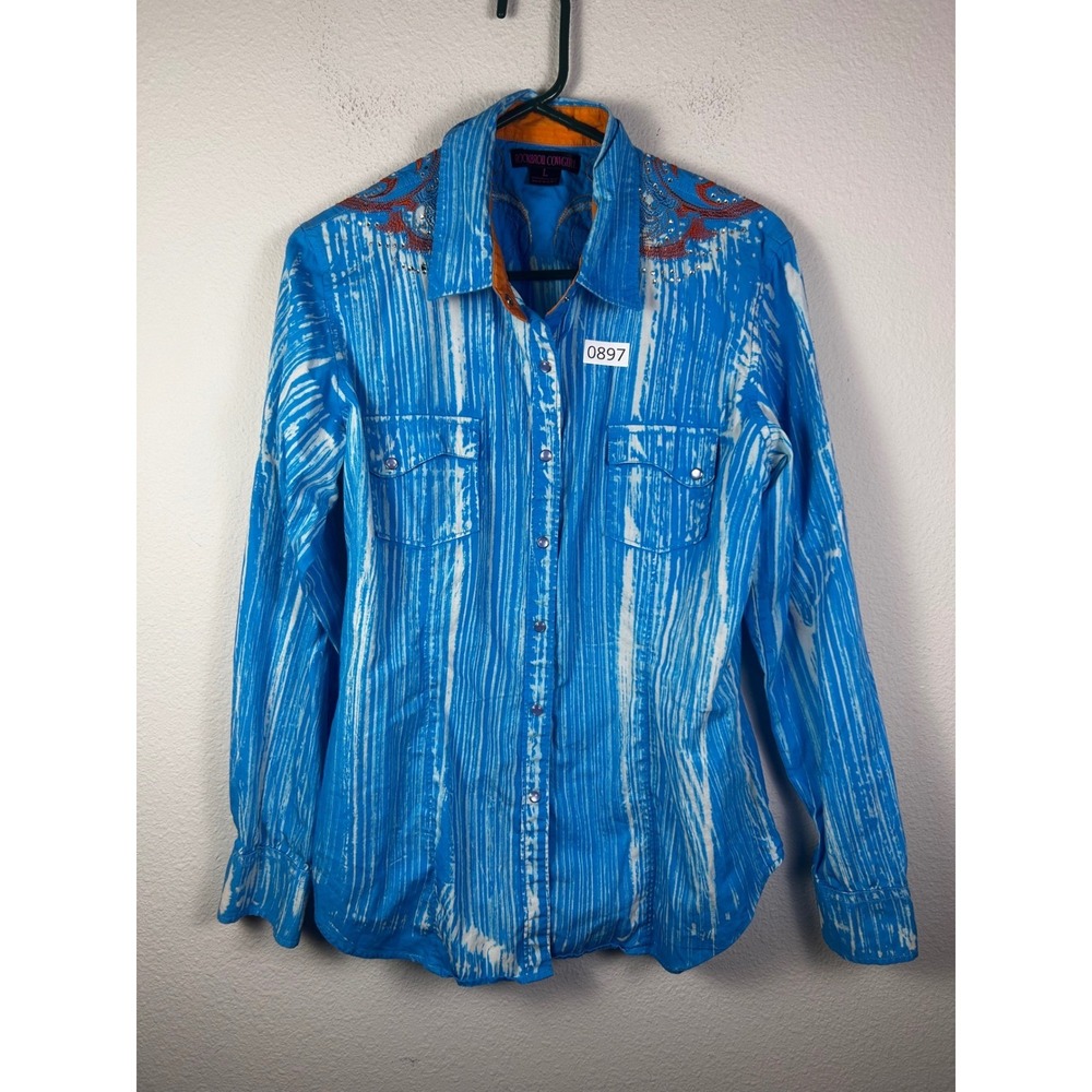 Rock & Roll Cowgirl Blue White Acid Wash Rhinestone Snap Western Shirt Large